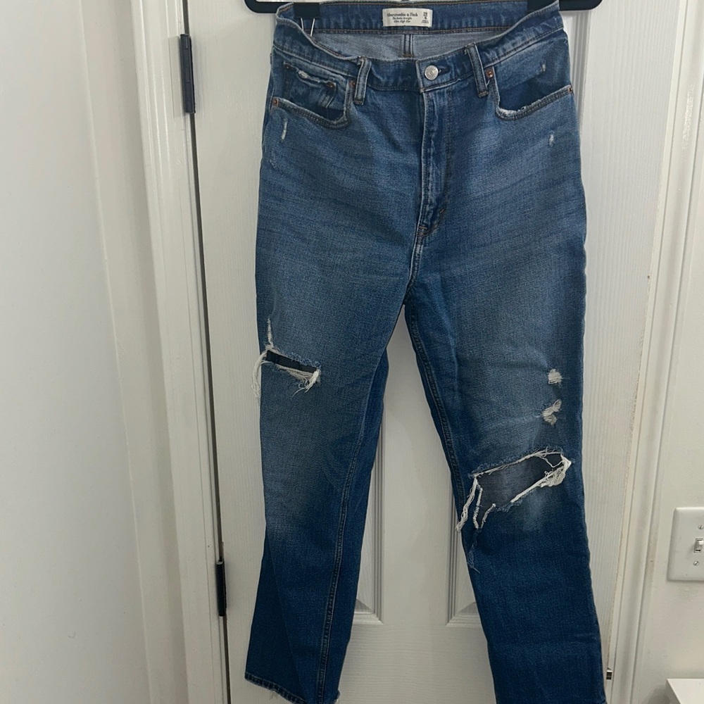 Abercrombie & Fitch Women's Straight Leg Distressed Jeans - Dark Blue